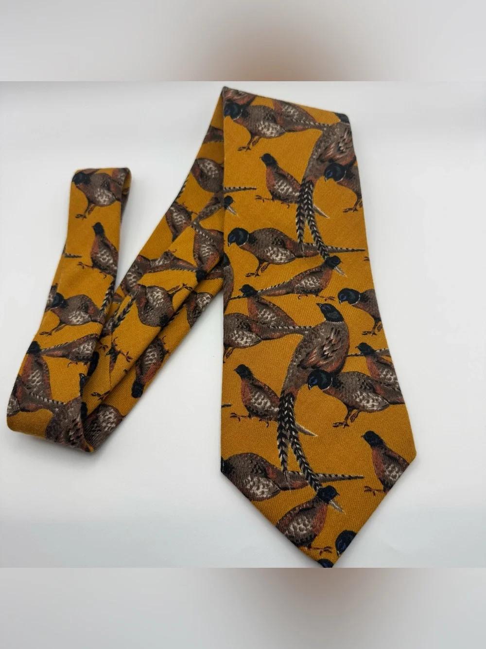 Vintage Robert Talbott Pheasant Necktie Mustard Gold Silk Wool Blend Hunting USA